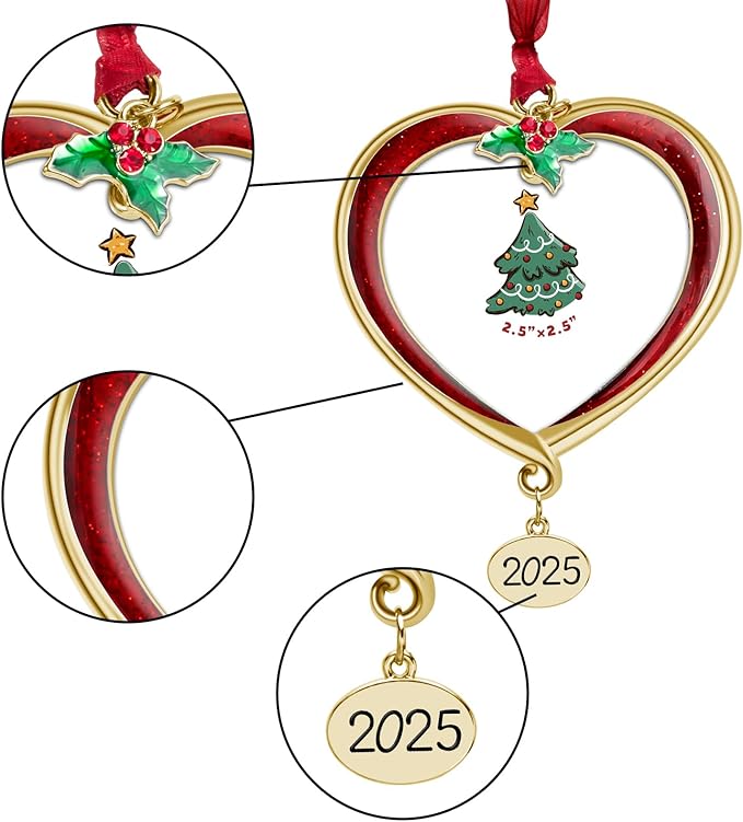 Christmas Tree Ornament Picture Frame Metal Hanging Pendant Holiday 2.5" Photo Frame Charm Decorative of Pets, Baby First Christmas, Family (2025 Red & Golden)