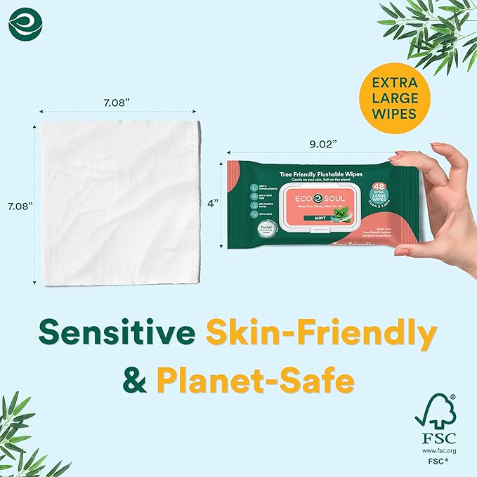 ECO SOUL Bamboo Flushable Wipes For Adult - Mint, 4 Pack of 48, Eco-Friendly, 99% Purified Water, Hypoallergenic, Soft, BPA & Paraben Free
