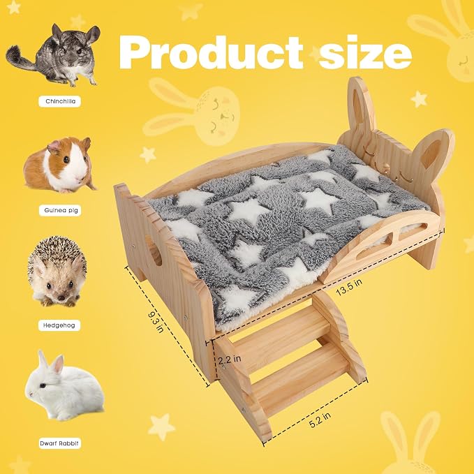 Rypet Wooden Guinea Pig Bed with Stairs & Mat, Bunny Bed Hideout | Cozy Small Animals Cushion Bed, Detachable Small Pet Hut Habitats, Cushion, Guinea Pig Hideout, Chinchillas and Ferrets