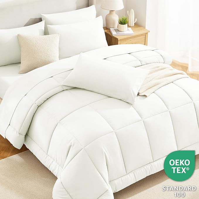 CozyLux Queen Size Comforter Set Ivory - 7 Pieces Bed in a Bag, Cream Off White Comforter Queen Size, Bedding Sets with All Season Quilted Comforter, Flat Sheet, Fitted Sheet, Pillowcases