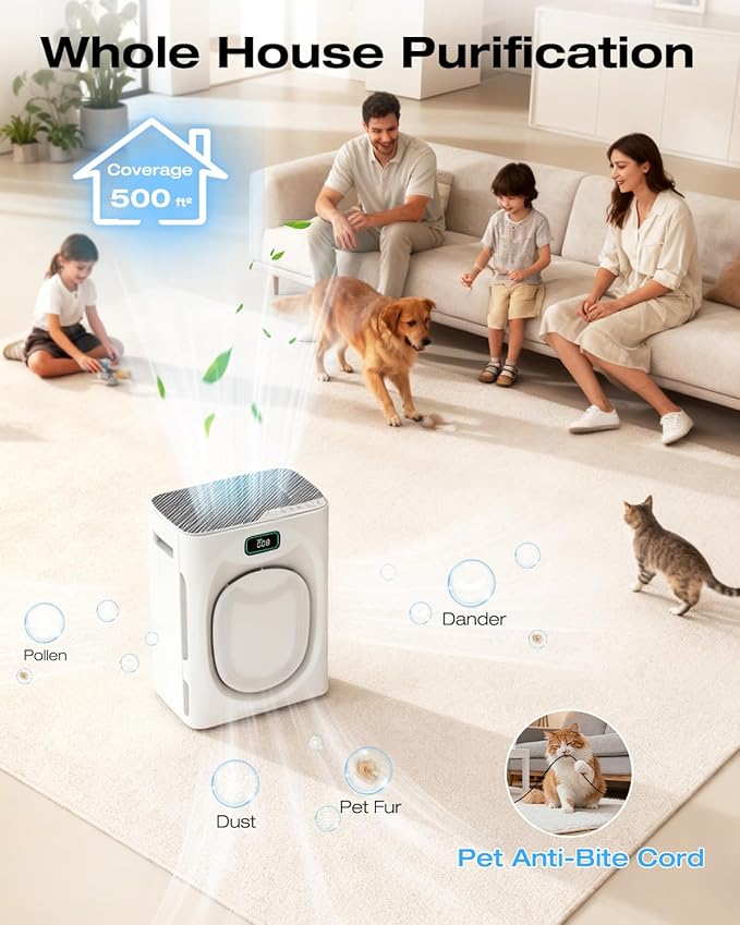 Air Purifier for Home Large Room 2500sq.ft with 4 Washable Pre-Filter, Pet Air Purifier for Bedroom with Double Side Inlet, Smart App Control