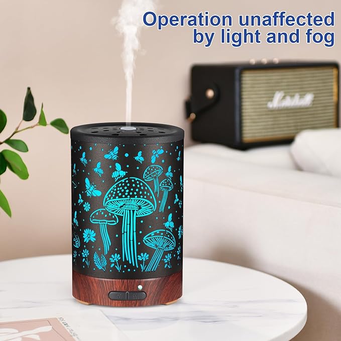 Essential Oil Diffuser- Aromatherapy Diffuser with7 Colors Light, and Auto-Off -Metal Cool Mist Humidifier for Home and Office（Mushroom + Bee）…
