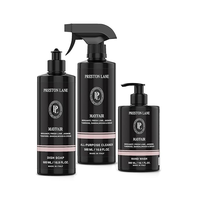 Preston Lane Luxury Kitchen Set – Hand Wash, Dish Soap & All-Purpose Cleaner | Plant-Powered Cleaning Essentials Bundle with Fine Italian Fragrance, Mayfair Scent