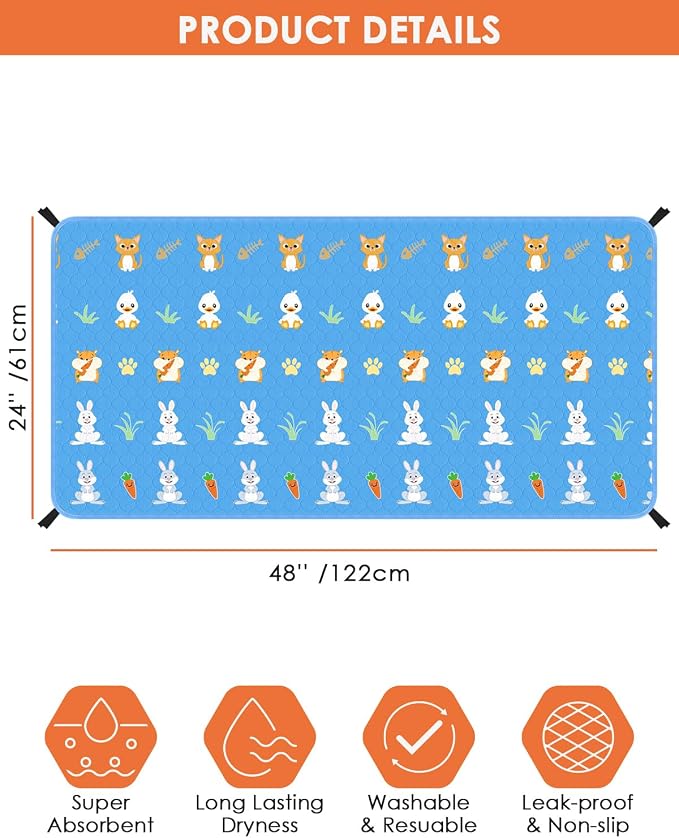 Bissap 2‑Pack Guinea Pig Cage Liners, 47''x24'' Pet Pee Pad Bedding, Blue | Non‑slip Waterproof TPU Layer, Super Absorbent, Washable Reusable Bedding for Guinea pig, Rabbit, Hamster, Chinchilla, Rat