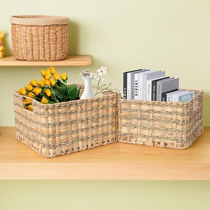 Handmade Square Water Hyacinth and Seagrass Storage Basket - Artisan Woven Rustic Organizer with Metal Frame for Home Decor, Shelf, and Closet (Small(10.6"x10.6"x6.7"H))
