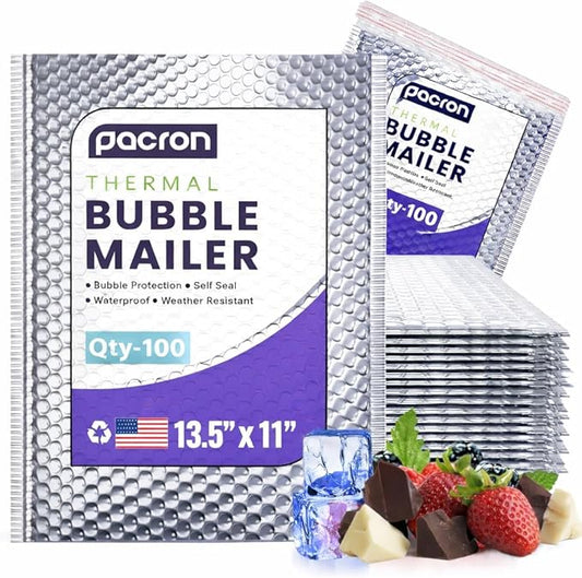 100-Pack Insulated Silver Thermal Bubble Mailers 13.5 x 11 - Waterproof Metallic Foil Self-Sealing Padded Envelopes for Cold Shipping, Perishables, Food, Cosmetics, Pharmaceuticals