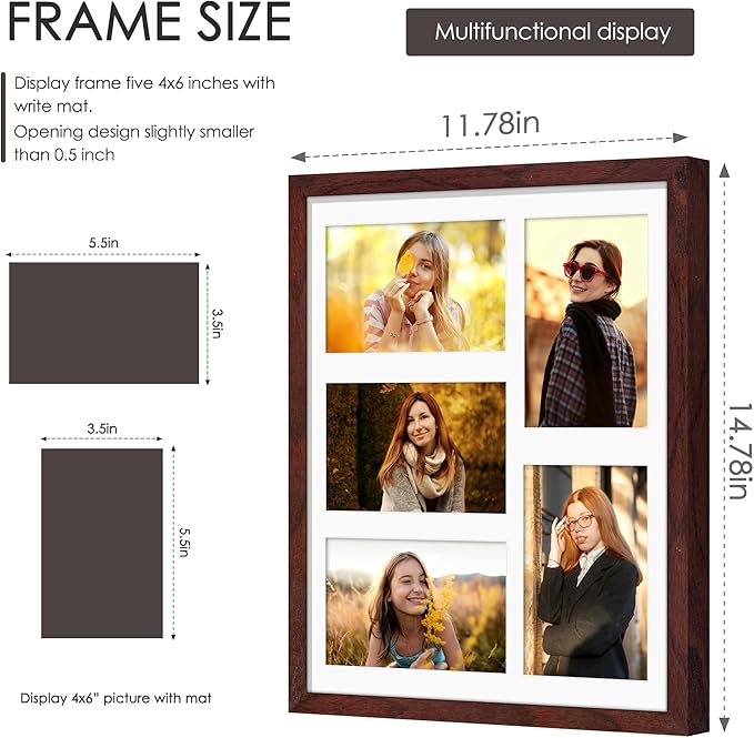 11x14 Collage Picture Frame 4x6 Collage Picture Frame Displays Five 4x6 inch Photos or 11x14 (Without Mat) Wall Decor Wall Hanging or Tabletop Redwood