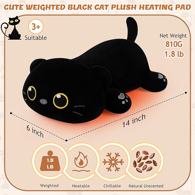 1.8lb Black Cat Stuffed Animals Plush Microwavable Heating Pad-14'' Black Cat Heating Pads for Cramps &Period Pain Relief, Heatable & Coolable Stuffed Animals Bedtime Birthday Gift for Women Kids