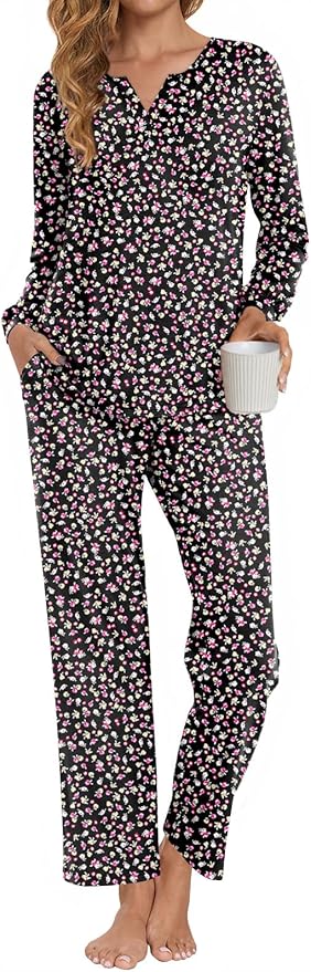 Anyally Women's Plus Size Pajama Sets Ladies Fall Pjs 2 Pieces Lounge Outfits V Neck Long Sleeves Sleepwear with Pockets