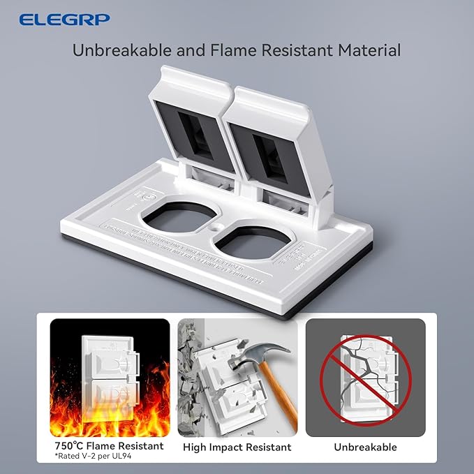 ELEGRP Horizontal Outdoor Cover for Duplex Receptacles, 2-Hole Weatherproof Wall Plate, Outdoor Electrical Outlet Cover, Standard Size 1-Gang 4.55” x 3.02”, Thermoplastic, 1 Pack, White