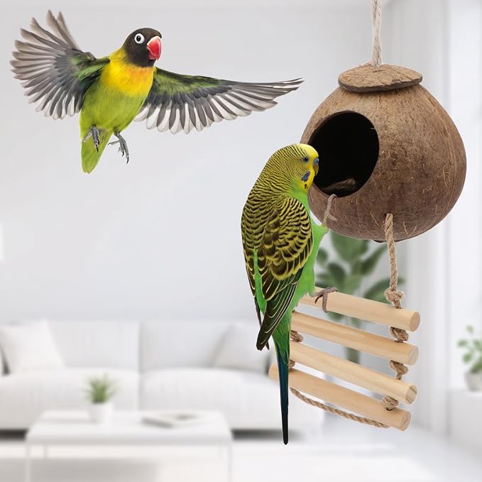 Hypeety Pet Bird Breeding Nest Natural Coconut Bird Hideout Hut for Cage | Natural coconut shell, for sleeping/breeding, easy to hang, for parakeets/cockatiels/finches/hamster, with wooden ladder/hook