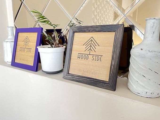 Wood Side Rustic Wooden Square Picture Frames 8x8 - Set of 2 - Natural Solid Eco Wood with Real Glass for Wall Mounting Photo Frame - Purple