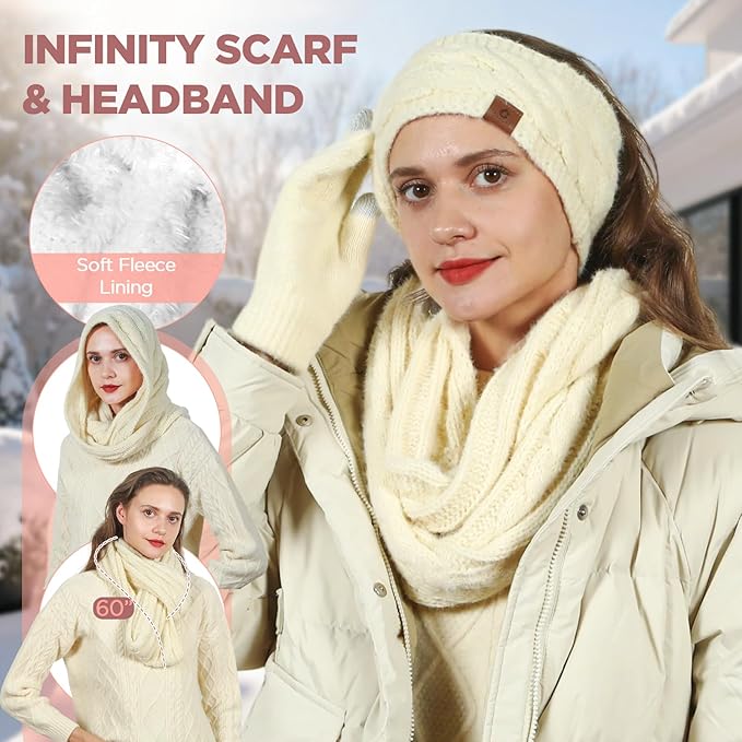 Womens Beanie Hat Infinity Scarf Touchscreen Gloves Fleece Headband 4 in 1 Winter Clothes Set Gifts for Women