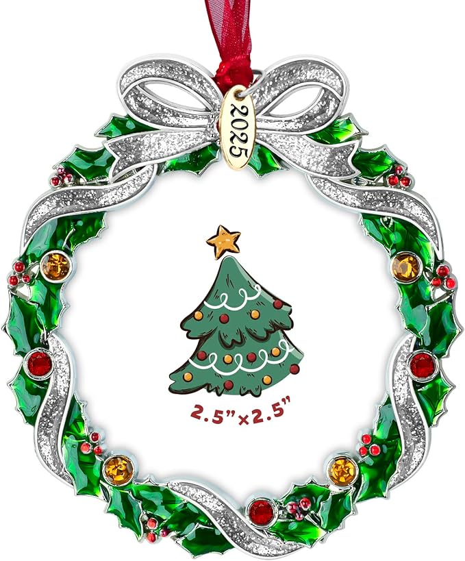 Christmas Tree Ornament Picture Frame Metal Hanging Pendant Holiday 2.5" Photo Frame Charm Decorative of Pets, Baby First Christmas, Family (2025 Christmas Wreath)