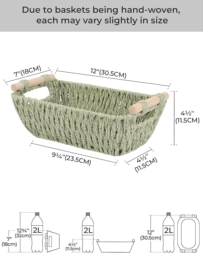 StorageWorks Round Paper Rope Woven Basket with Wooden Handles for Gifts, Small Woven Baskets for Bathroom, Bosana Green, 2-Pack