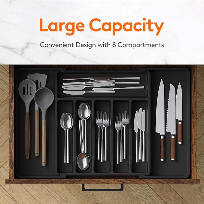 Lifewit Silverware Drawer Organizer, Expandable Utensil Tray for Kitchen, BPA Free Flatware and Cutlery Holder, Adjustable Plastic Storage for Spoons Forks Knives, 13-22 x 15", Black