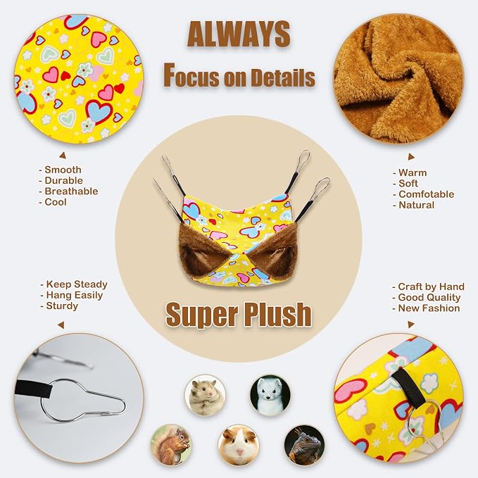 petonfun Ferret Rat Hammock Tunnel Set for Cage Accessories Toys Bed,Yellow | 2 Pack, Large Size, Cute Pattern, Double Sided, Hideout for Guinea Pig and Chinchilla to Hide, Suitable for Most Small Animal