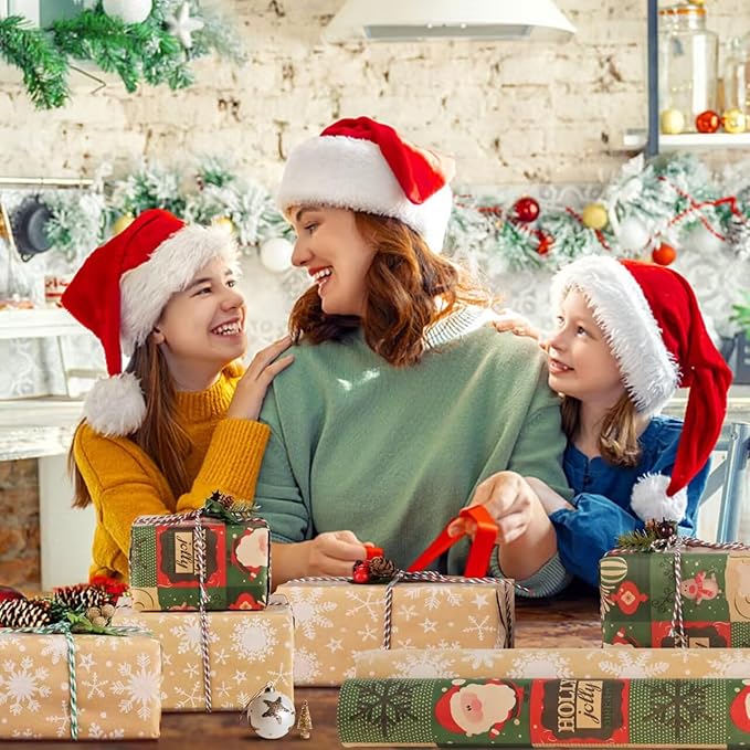 AhfuLife 2 Rolls Christmas Wrapping Paper - 17 Inch × 49.2 Feet Per Roll, Recyclable Snowflake Kraft Xmas Wrapping Paper Roll for Christmas Gift Box Birthday Party Decoration -138 sq. ft. ttl