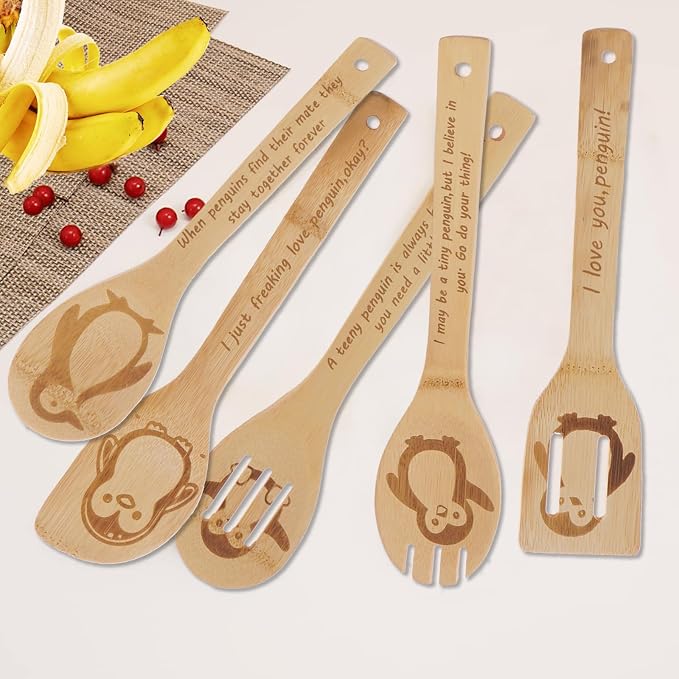 5PCS Penguin Wooden Cooking Spoons Set Bamboo Cooking Spoons | Penguin Kitchen Decor Housewarming Wedding Anniversary Thanksgiving Christmas for Mom Women Animal Lovers