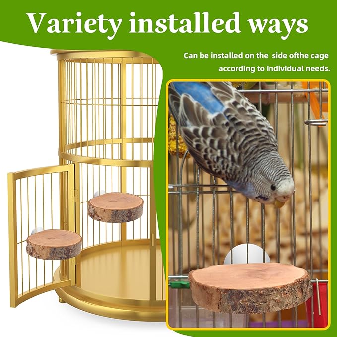 4 Pcs Natural Apple Wood Round Bird Perch Platform for Cage | Fits Small Parrots (Budgies, Conures) | Multi-Level Habitat Gym to Relieve Foot Strain | Tool-Free Mount
