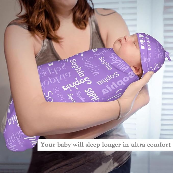 Newborn Swaddle Blankets Hat Name Lettering Purple Sets Soft Baby Receiving Blanket Swaddle Sack for Baby Shower Infant Boy Girl Gift