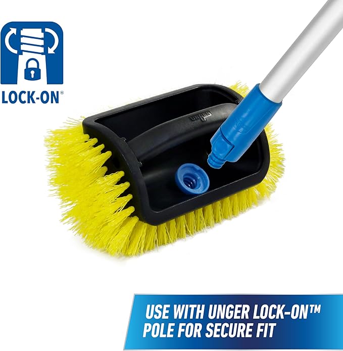 Unger Professional Lock-On 4-Sided Outdoor Scrub Brush, Compatible with Threaded Poles, Stiff Bristle Scrubbing, Cleaning Supplies for Decks, Stairs, Garage Floors, and Driveways