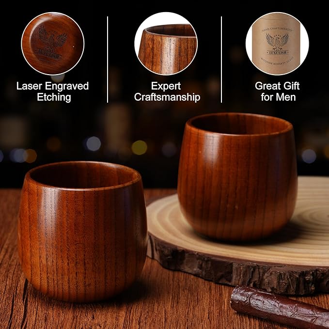 10Oz Large Wooden Bourbon Glass, Include 3 Stainless Steel Ice Cubes, The Original Wood Whiskey Cup, Old Fashioned Drinking Glasses Tumblers, Gift for Men, Dad, Husband, Brother, Friends
