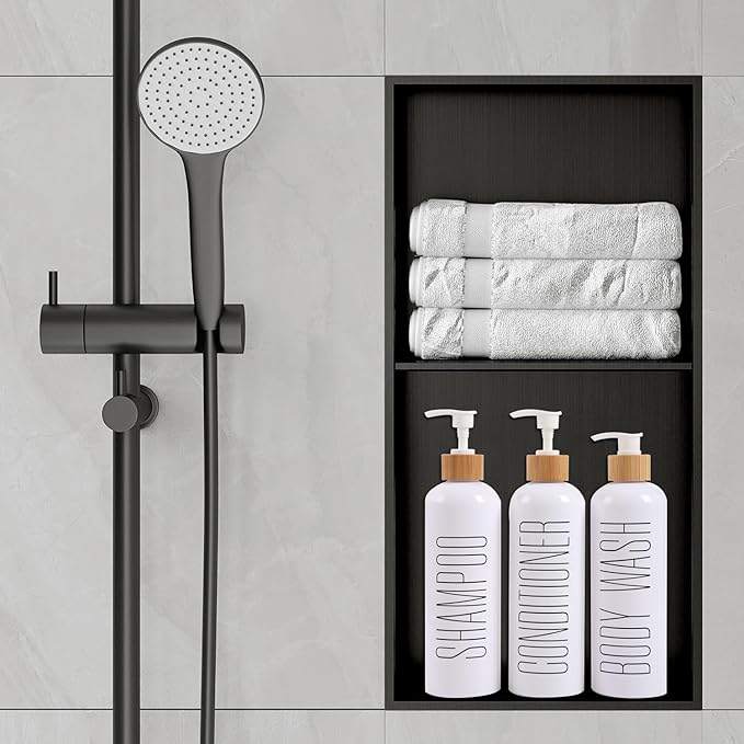 HOMCDALY Shampoo and Conditioner Dispenser, 16oz 3-Pack Refillable Shampoo and Conditioner Bottles, Empty Shampoo Bottles Refillable with Bamboo Pump, Bathroom Shower Shampoo Dispenser Set