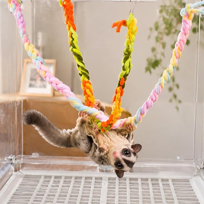4 Pack Hanging Small Animal Toys, 60cm | Handmade Rope, Climbing and Chewing Enrichment, Mixed Colors, for Pet Rat, Hamster, Sugar Glider, Flying Squirrel Cage