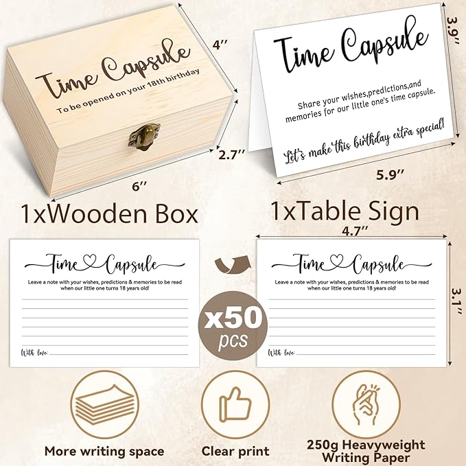 Time Capsule Box 1st Birthday, Baby Time Capsule Box for First Birthday Party Games, 50Pcs Advice and Wishes Cards Gift Keepsake Box for Baby Shower Decorations Games