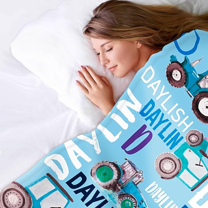 Personalized Tractors Blanket - Custom Name with Farm Tractor Trucks Design - Soft Plush Flannel Bed Blanket for Baby Kid Teen Boys Girls Customized Gifts Light Blue