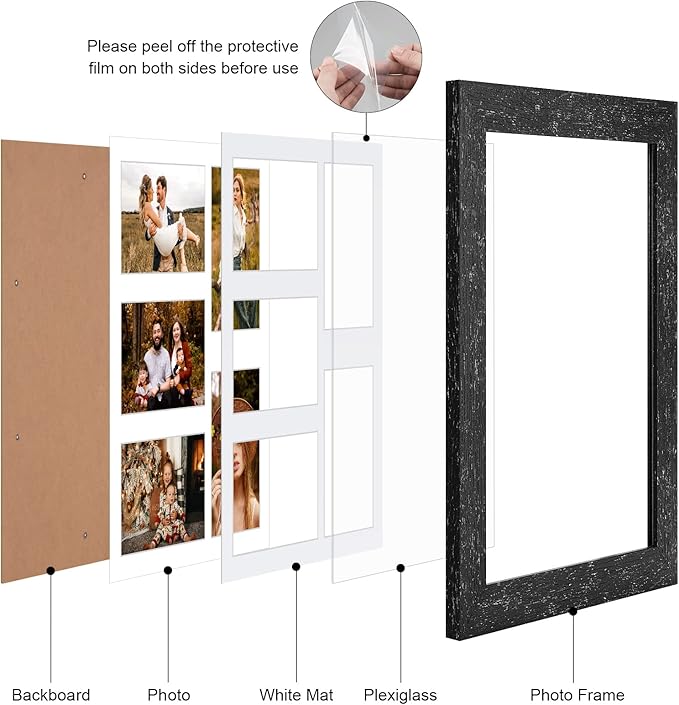 11x14 Picture Frame Display 5 opening 4X6 Picture Frame Collage,Multi Photo Frame with Mat,Plexiglass,Wall or Tabletop Decor,Black Wood Grain