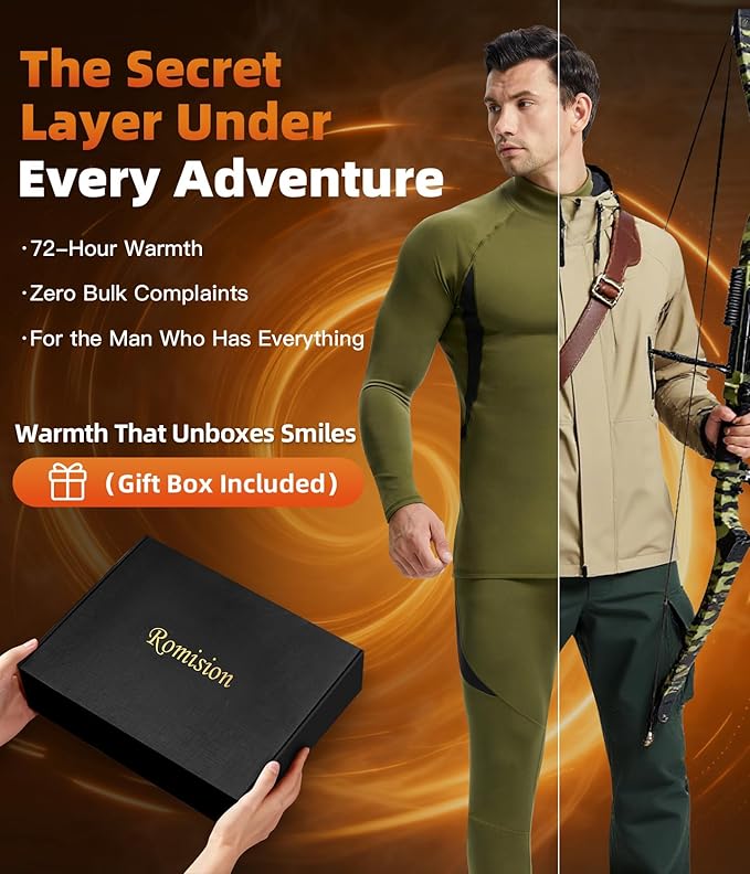 romision 2 Pack Thermal Underwear for Men Long Johns Fleece Lined Hunting Gear Bottom Top Set Base Layer Cold Weather XS-4XL