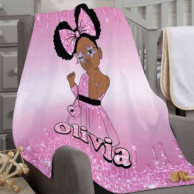 D-Story Custom Blanket Personalized with Name Text, Customized Flannel Throws Blankets Black Girl Blanket for Newborn, Toddler on Baby Birthday