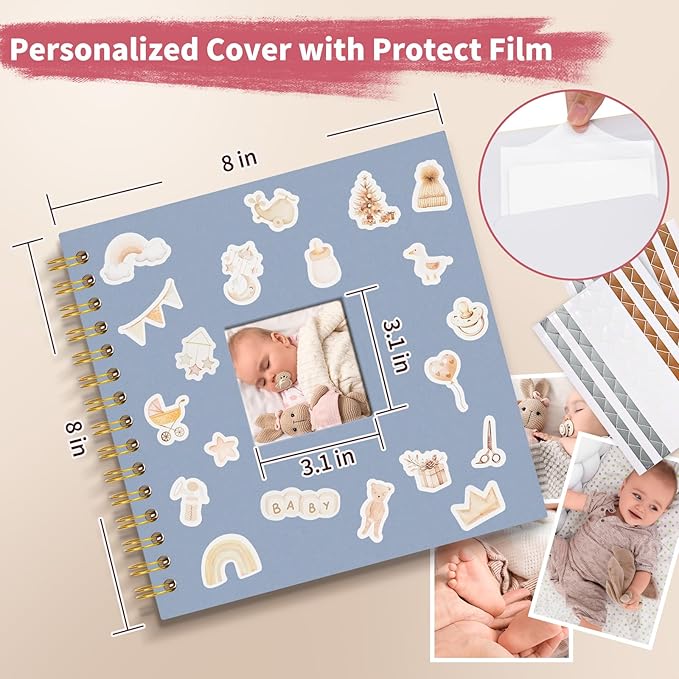 Vienrose Kids Scrapbook Album 8.5"X8.3" with Window Silk Fabric Cover Acid-Free Pages Personalised DIY Photos Scrapbooking for Baby Memory Book, First Year Keepsake Journal Gift Boy Girl, Blue