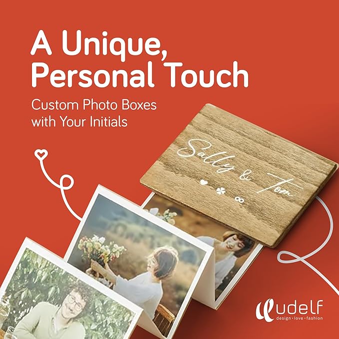 udelf Personalized Wooden Photo Box Gift with Accordion Picture Pull Out-Custom Gifts for Couples, Wedding Keepsake Box, Anniversary Box, Picture Box Gift with Couple Names-Holds 14 Photo Prints 3"x2"
