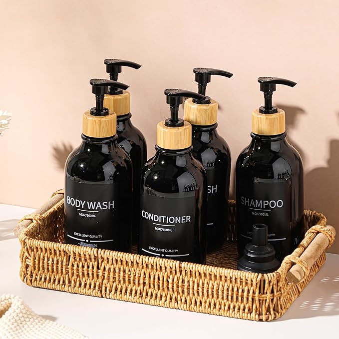Shampoo and Conditioner Dispenser Bottles,5Pack Dispenser Bottles Refillable,16.9oz Shower Containers for Conditioner,(Black) Bathroom Shampoo Dispenser Set