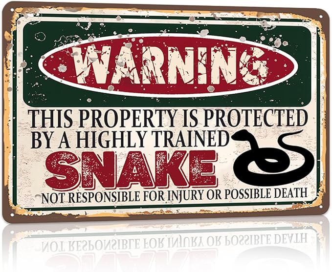 Vintage Snake Metal Sign Wall decor | Warning this property is protected by a highly trained Snake Sign Funny Tin Signs 12x8 Inch