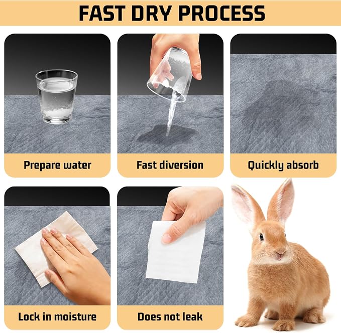 Tfwadmx 50 Pcs Rabbit Pee Pads Guinea Pig Super Absorbent Cage Liners Bunny Disposable Black Carbon Diapers Small Animal Training Accessories with Quick-Dry Surface for Chinchilla Ferret Hamster