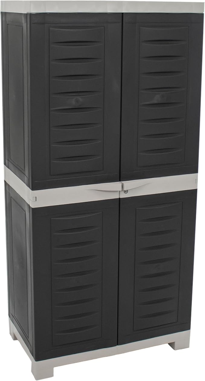 Sunnydaze 48" H Resin Garage Storage Cabinet - Garage Cabinet with Lockable Doors and 3 Adjustable Shelves - Freestanding Utility Storage for Laundry Room, Office, Basement - Charcoal