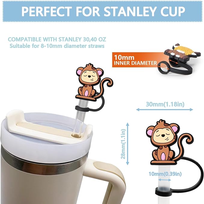 Animal Straw Toppers For Stanley Cups;Straw Covers Cap Toppers Compatible With Stanley 30&40 Oz Tumbler, Reusable & Silicone Tumbler Straws Topper For 0.4 Inch Tips Animal Lover Gifts (Monkey)