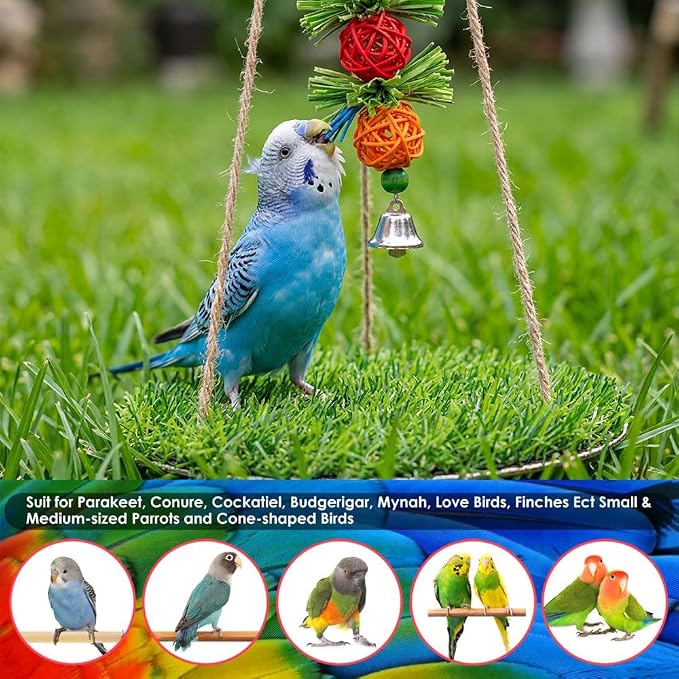 Bird Toys Bird Swing with Grass Platform Wooden Perch Stand Adjustable Rope and Rattan Chew Balls Large Bird Playground for Parakeets Cockatiels Conures Cage Accessories