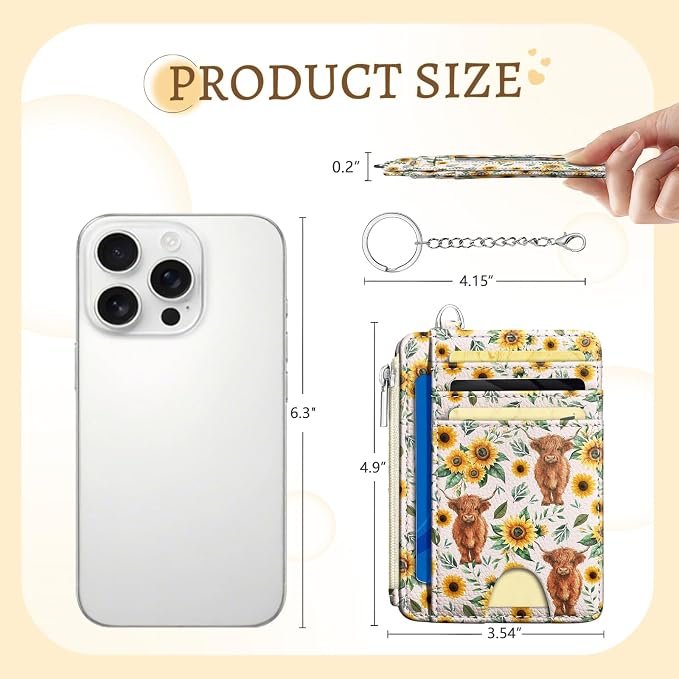 Kelvoris Credit Card Holder Small Wallet Women, Slim RFID, Highland Cow | Keychain, Zipper Coin Pocket, Front Pocket Thin Travel Card Case, Minimalist, 6 Card Slots, 1 ID Window, Ladies Gifts Woman