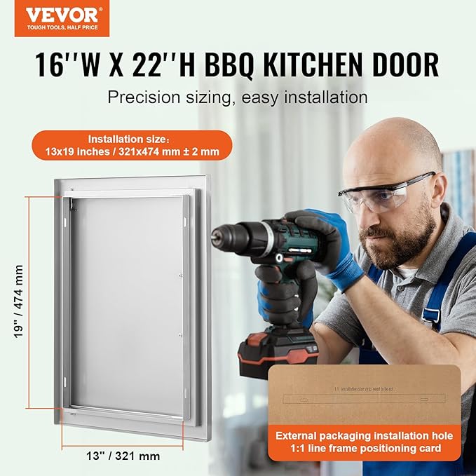 VEVOR Outdoor BBQ Access Door, 16W x 22H Inch, Stainless Steel Flush Mount, Vertical Door with Handle for Grilling Station