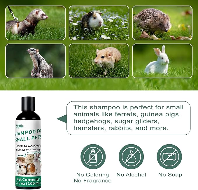 Guinea Pig Shampoo 3.5 oz - Gentle Shampoo for Small Pets Including Ferrets, Rabbits, Hedgehogs, Hamsters & Sugar Gliders - Hypoallergenic, Fragrance-Free, Soothes Itchy Skin & Removes Odors