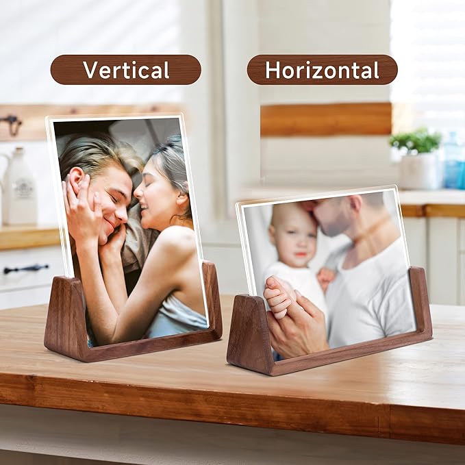 5x7 Picture Frame - 2 Pack, Rustic Wooden Photo Frame with Walnut Wood Base and High Definition Acrylic Glass Covers for Tabletop or Desktop Display (5x7 inch, Horizontal + Vertical)