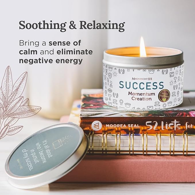 MAGNIFICENT 101 Study & Momentum Creation Candle for Success - 6 Oz White Tin - 35 Hour Burn Soy Wax - Sage, Bergamot & Sandalwood Scent - Energy Cleansing & Manifestation