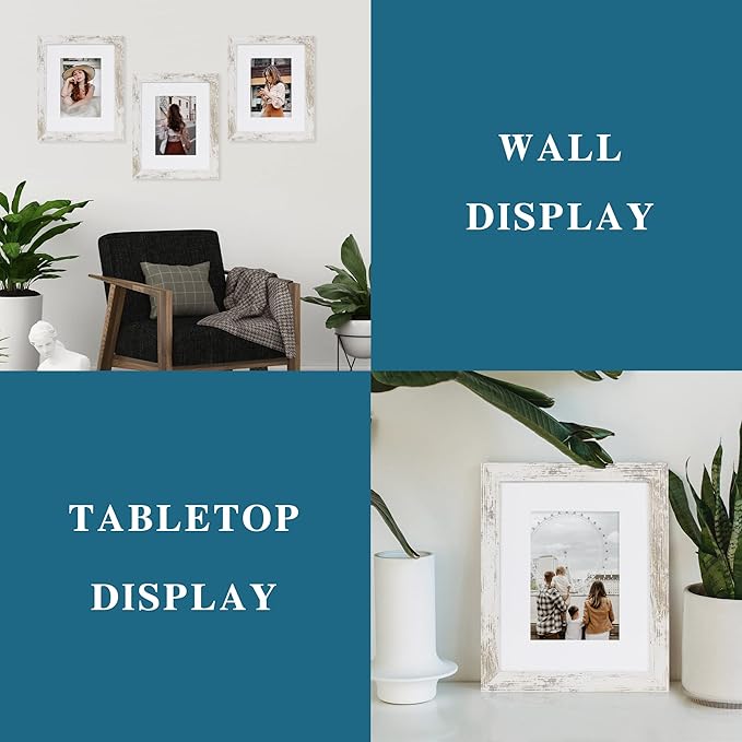 8x10 Picture Frame Set of 4, Made of Real Glass and Distressed White Wooden Frame, 8 by 10 Photo for Wall or Tabletop - Display Picture 5x7 with Mat or 8x10 Without Mat