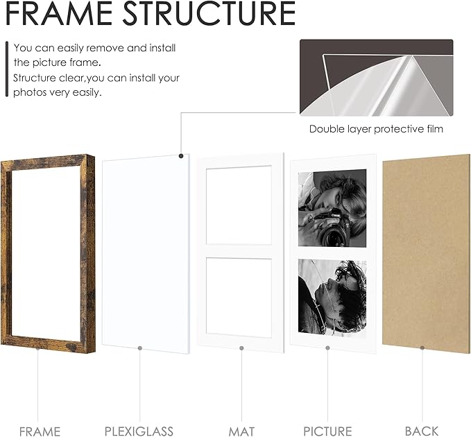 12x19 Double Picture Frame 8x10 Displays Two 8x10 inch Photos Collage Available Horizontal Wall Mounting Display and Vertical Brown