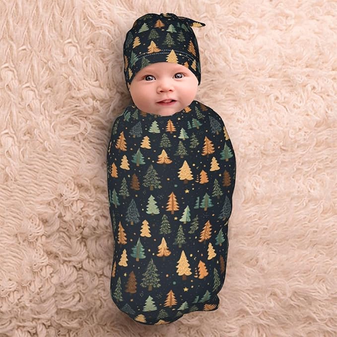 Christmas Baby Swaddle Blanket and Hat Set for Newborn Boys Girls Soft Infant Wrap Sleep Christmas Gold Tree
